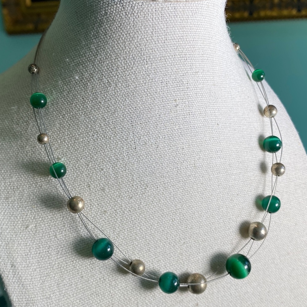 Vintage Green and Silver Cat’s Eye Beaded Choker Necklace